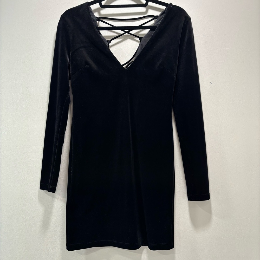 Topshop Black Velvet Long Sleeve Dress with Crisscross Back
